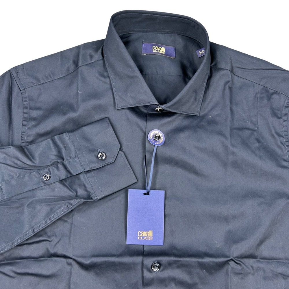 NEW Cavalli Class Dress Shirt Mens Size 17.5/44 Navy Blue Cotton Comfort Fit
